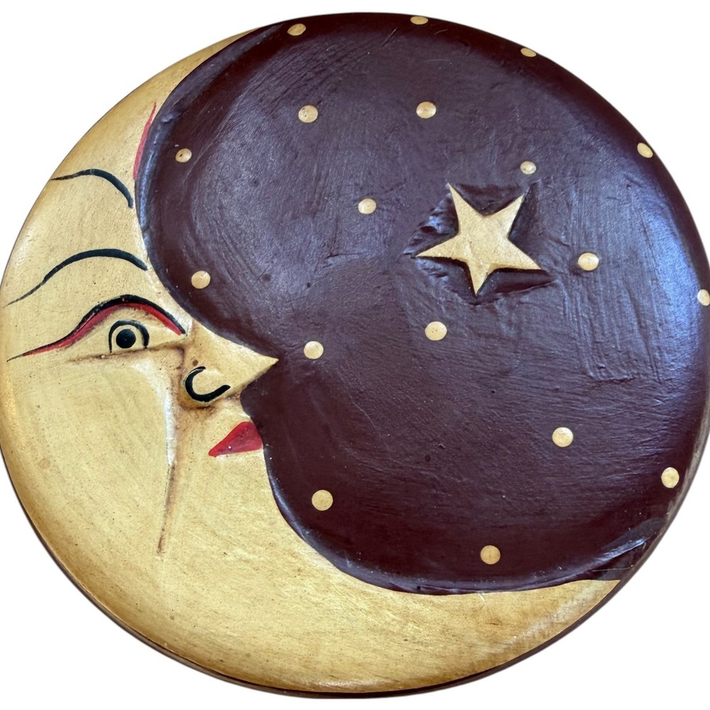 Vintage Whimsigoth man in the Moon Star Celestial Wood Jewelry Box 90's